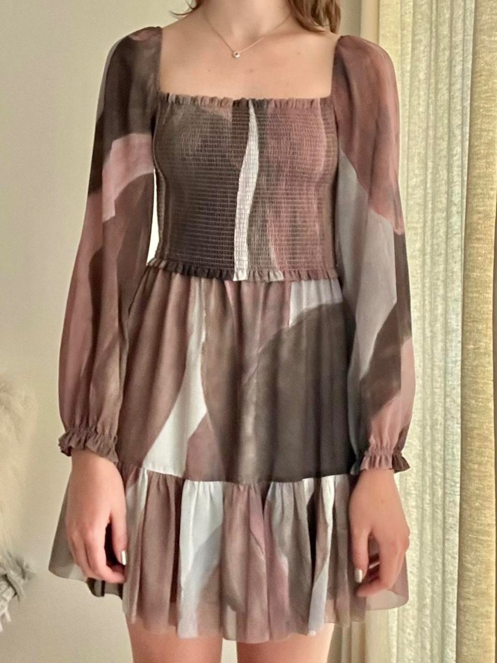 Wilfred Brown & Cream Smocked Square-Neck Mini Dress